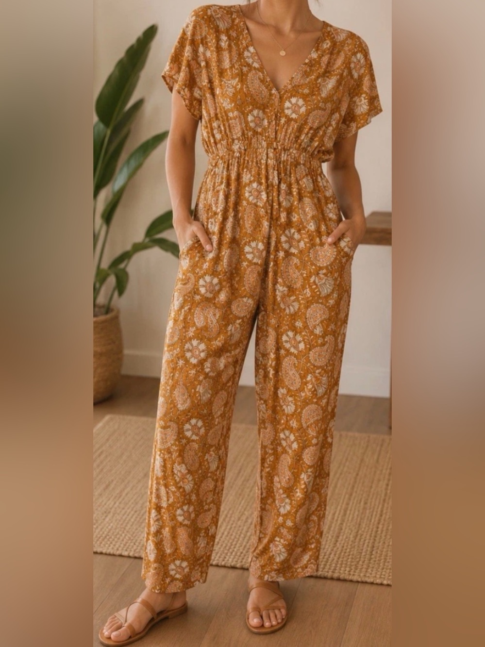 NWT world market Casual Floral V-Neck Jumpsuit in Mustard